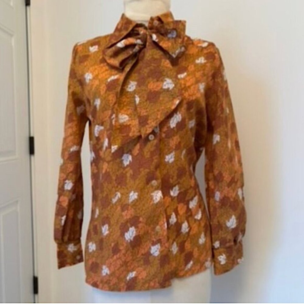 Vintage 60s-70s golden fall floral print long-sleeve blouse with a bow necktie